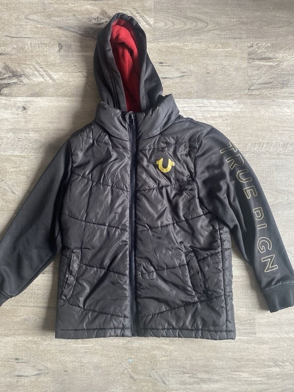 Kids True Religion Black Hoodie Jacket Coat Quilted Pockets Boys Size Small New
